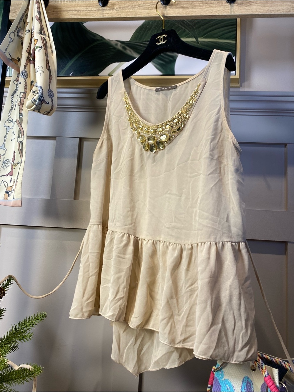 Suzy Jeweled Neck Cream Peplum Tank XL